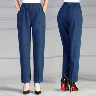 Осенние прямые свободные джинсы для матери, весенние джинсовые штаны, для среднего возраста, эластичная талия, высокая талия