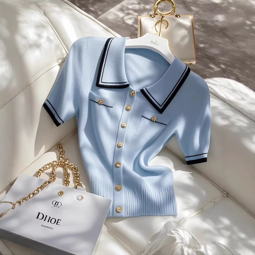 Áo thun nữ polo cổ bẻ tay ngắn phối màu tương phản, chất liệu len lụa mát mẻ — màu xanh nhạt chi tiết 3