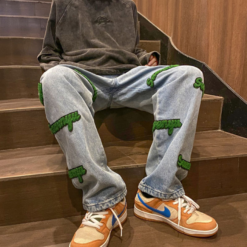 vibe national fashion high street pants men's ins fashion brand embroidery washed vintage jeans design sense drape straight pants