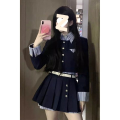 秋装搭配一整套女韩系学院风撞色假两件上衣高腰百褶半身裙两件套