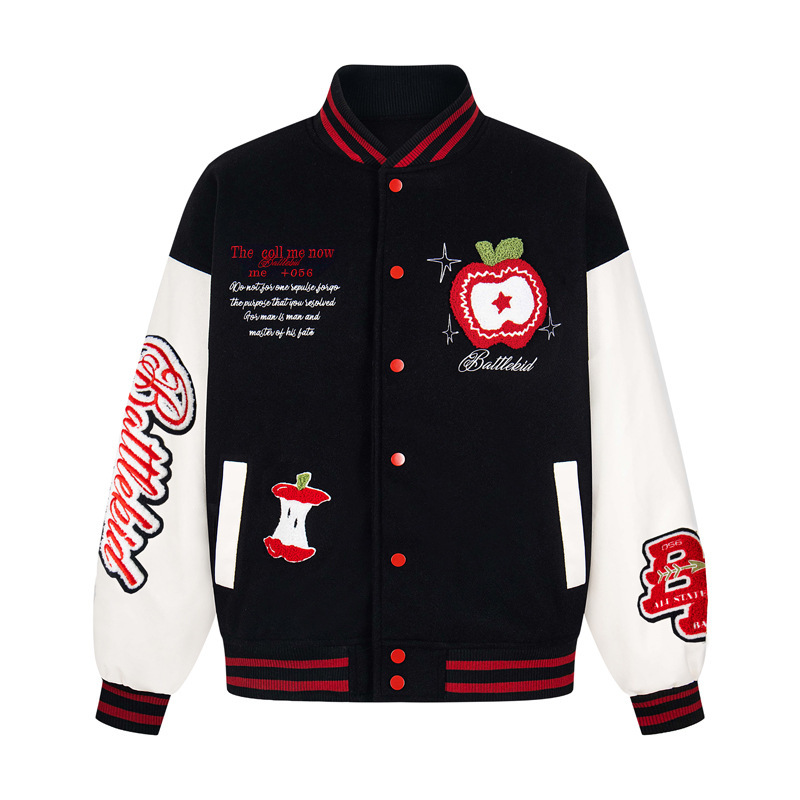2025 Youth Campus Style Niche Apple Towel Embroidered Pu Leather Patchwork Loose Jacket Trendy Baseball Jacket