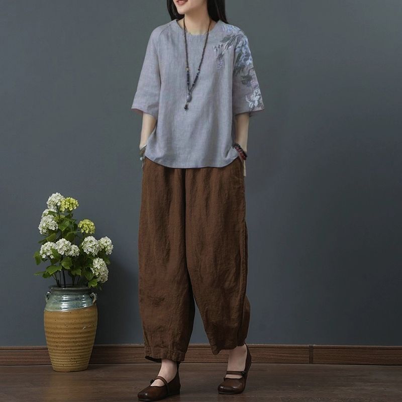 ゆったり大きいサイズの婦人服中年ママ夏リネン刺繍綿麻トップスレディース半袖Tシャツ9点パンツスーツ|undefined