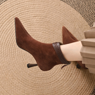 Stiletto Heel Ankle Boots Women's Retro Suede Elegant Simple Naked Boots 2024 New Autumn and Winter Pointed High Heels French Ankle Boots