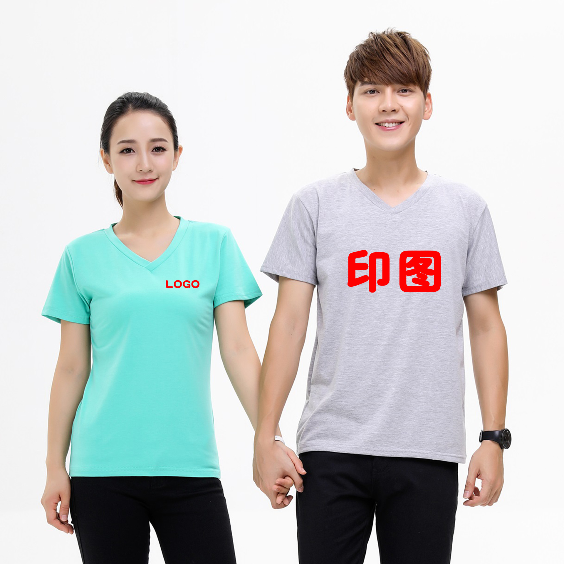 Pure cotton t-shirt V-neck printed custom-made class uniforms, team uniforms, overalls, sweetheart collar, Korean version, campus custom logo, summer