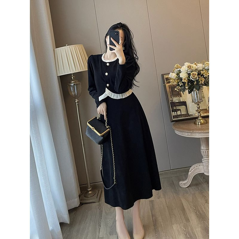 小香风灯芯绒两件套装女秋装法式复古赫本风连衣裙气质显瘦长裙