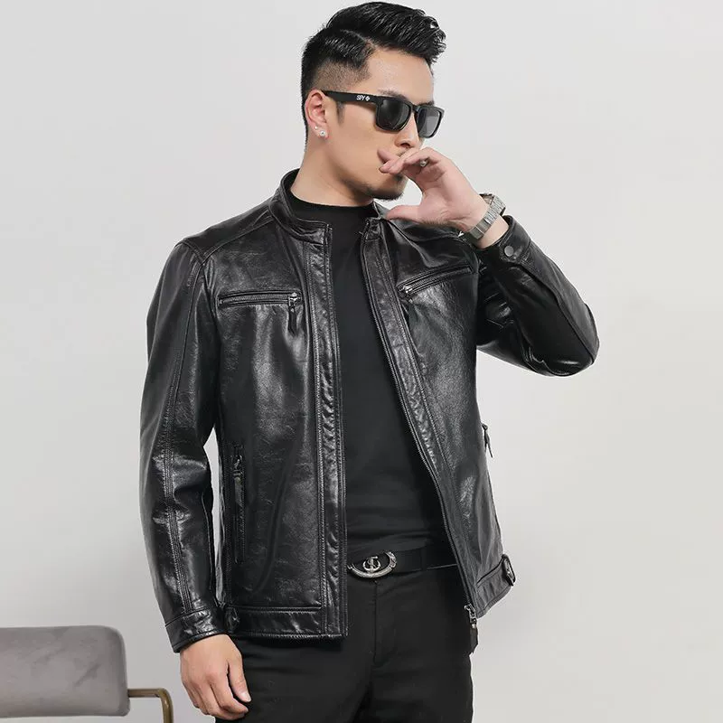 Autumn leather jacket for leisure, genuine leather, cowhide, slim fit