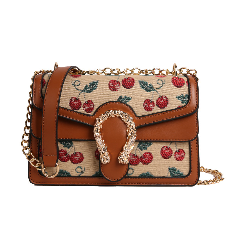 Hong Kong estilo retro Baco 2025 verano nuevo bolso de cadena moda cereza bolso de hombro color de contraste bolso de mensajero para mujer