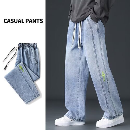 Jeans, men's loose and fat, large size, hanging high street, wide-leg straight pants, spring and autumn thin casual pants