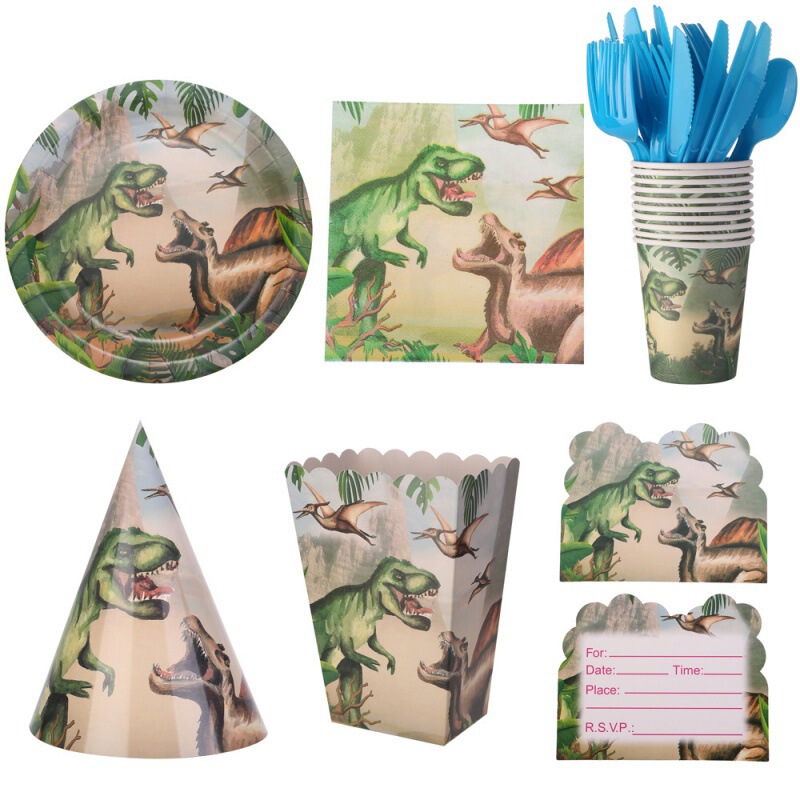 New Dinosaur Tyrannosaurus Rex Theme Boys Birthday Party Paper Tray Flag Tissue Tableware suit Amazon in stock