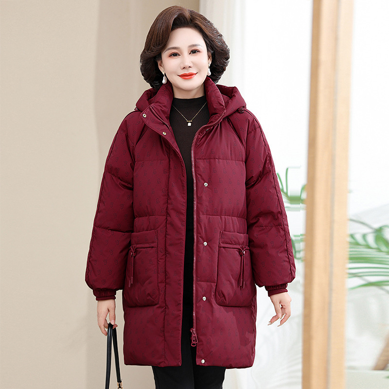 Brand High-End Winter-Proof Hooded down Jacket for Middle-Aged Mothers, Loose and Warm White Duck down Women's Coat