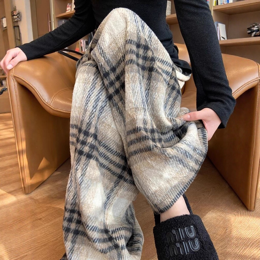 毛呢格子裤女秋冬新款复古黑白格垂感阔腿裤宽松慵懒休闲直筒裤子