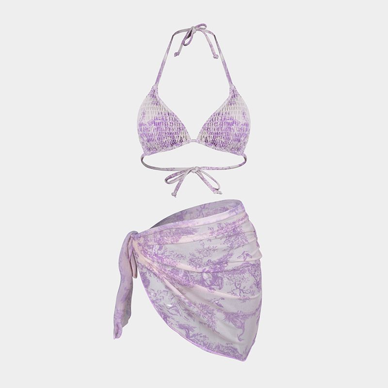 36g Weight Sleeveless Sleeve Length Polyester Fabric Type 3 Pieces Set Quantity Beach, Swimming Occasion Halter Neck Neckline Slim Fit Type Ditsy Floral Pattern Women's Gender Sexy Style Women's Sexy Ditsy Floral 3 Pieces Set Bikinis Swimwear 40