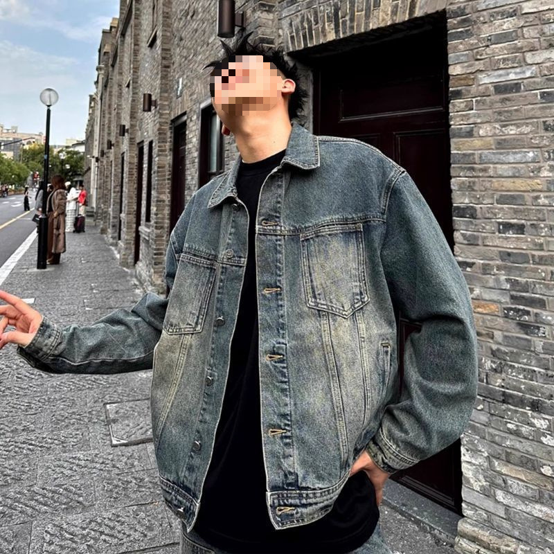 Spring and Autumn American Retro Washed Hong Kong Style Denim Jacket for Men, High Street Loose Stylish Trendy Workwear Cool Jacket