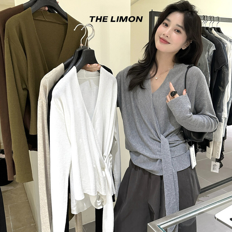 the limon柠檬绿茶设计感绑带V领针织衫女2025秋季温柔气质上衣|undefined