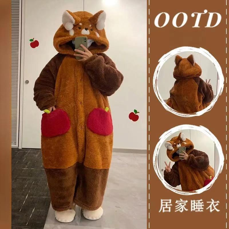 秋冬可爱小浣熊珊瑚绒睡袍加绒几号保暖家居服套装带尾巴少女卡通