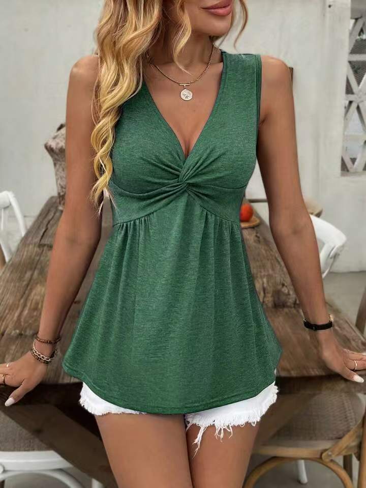 Women's Sleeveless V-Neck Vest T-Shirt With Twisted Pleats Waist Cinching Summer Fashion Tank Top_ecoleips.com