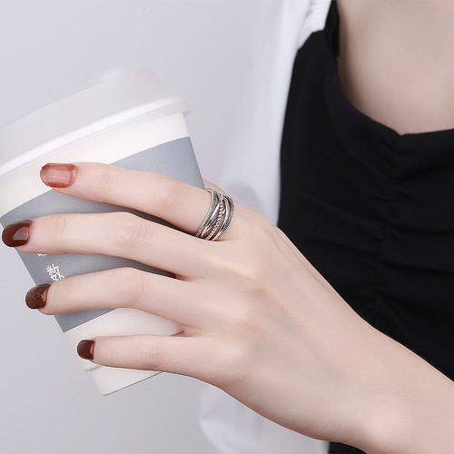 Yunchaoxuan S925 sterling silver Korean version ins cool style simple line twist twist cross-wound geometric open ring