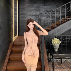 纯欲风绑带设计感收腰T恤包臀蕾丝半身裙女2025秋季新款时尚套装