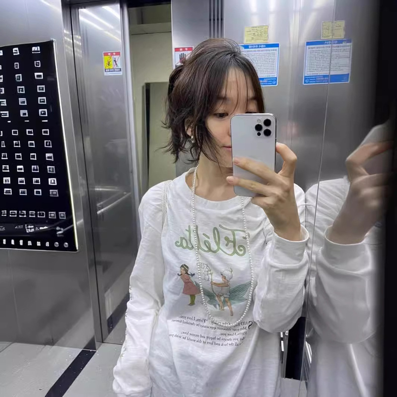 Now Ng Korean Dongdaemun Designer Fletta Letter Print Loose Bottoming Long-Sleeved T-Shirt