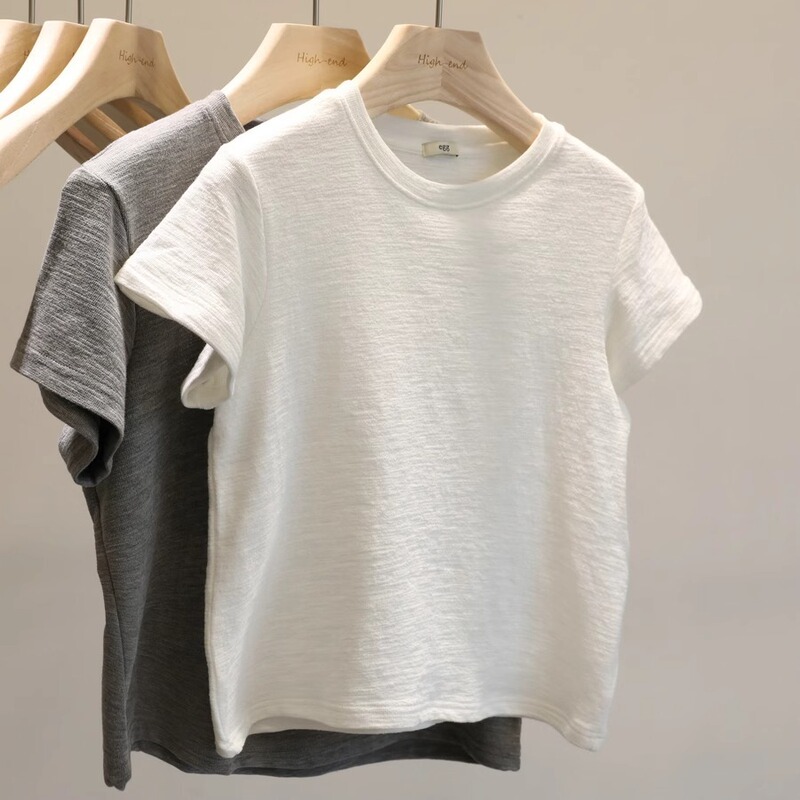 Basic Right Shoulder Small T~Korean Style Simple Pure Color Round Neck Short-Sleeved T-Shirt Women's Versatile Slimming Look Short Bottoming Top