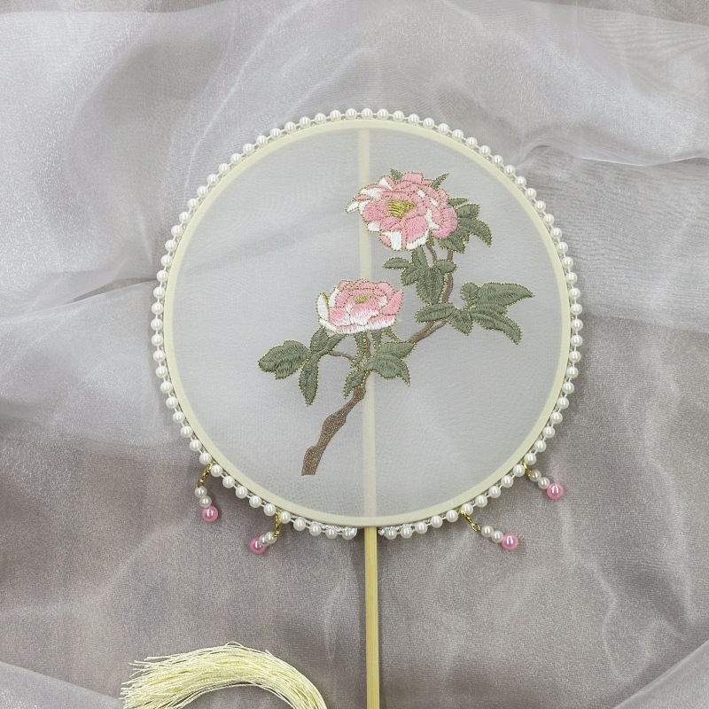 真珠手作り扇子、刺繍扇子、古風丸型扇子、民族風刺繍扇子、古典舞踊扇子|undefined