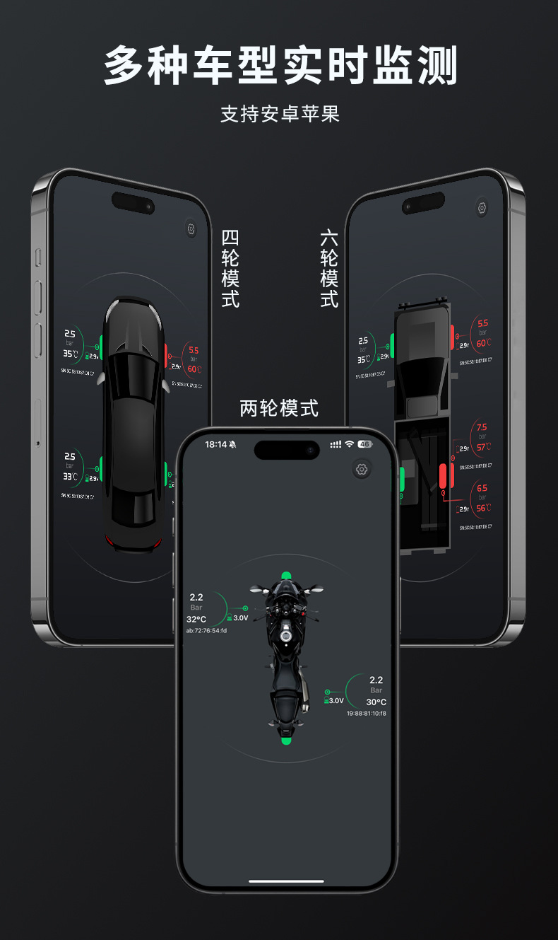 Mobile app, Bluetooth tire pressure monitoring system, external wireless sensor for motorcycles, electric vehicles, and cars