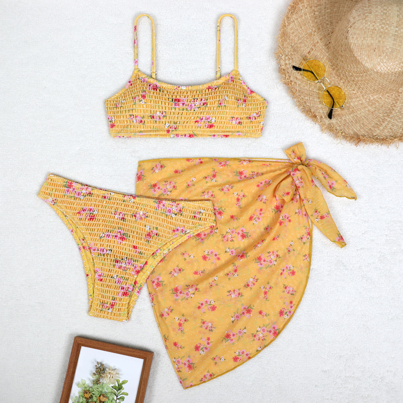 Women's Split Bikini Three-piece Swimsuit Floral Beach Wrap Set_voghion.com