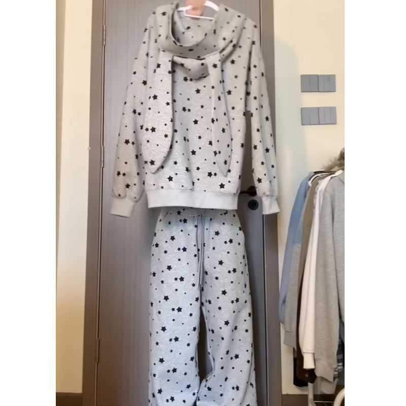 韩系慵懒风纯欲星星印花兔耳朵连帽睡衣女秋款长袖长裤家居服套装|undefined