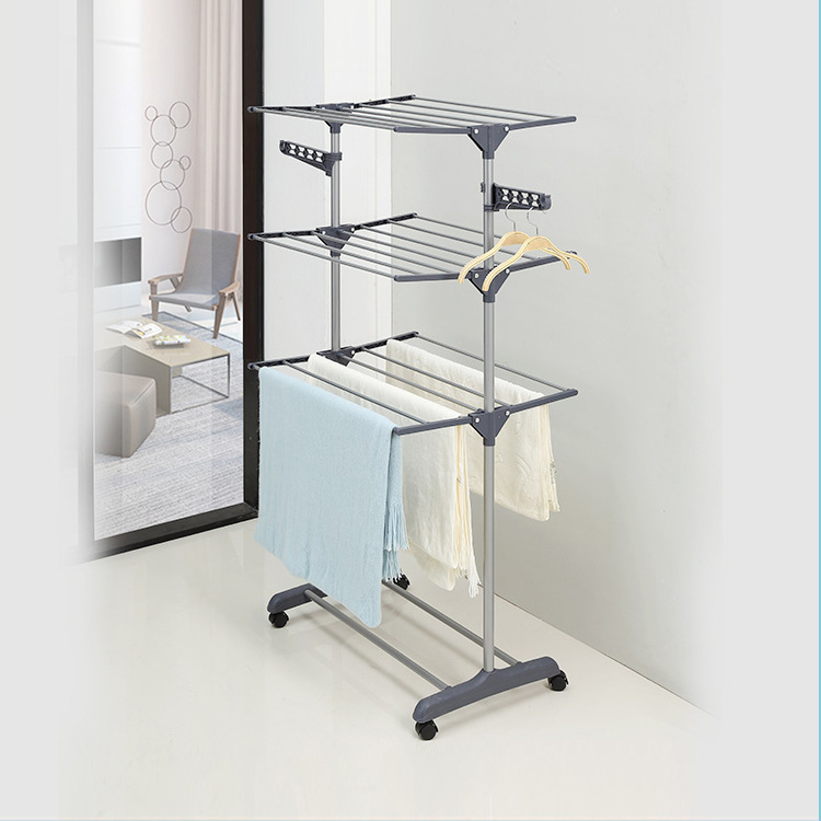 Cross-Border Single-Tube Floor-Standing Clothes Drying Rack, Removable Wheeled Three-Layer Towel Rack, Folding Telescopic Floor-Standing Iron Tube Drying Rack