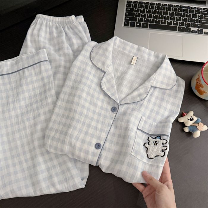 Al por mayor transfronterizo nueva primavera y otoño red bordada delgada nube de algodón dulce pijama de manga larga pantalones largos set de ropa para el hogar