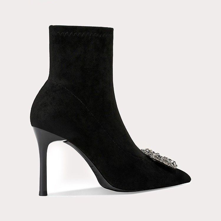 Autumn and Winter New Black New Boots, High-Heeled Short Boots for Women, Pointed Toe, Non-Tiring Foot Socks, Slim Boots for Adults