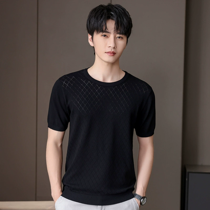 Летняя тонкая трикотажная футболка из ледяного шелка с короткими рукавами, Мужская сетчатая дышащая футболка с круглым вырезом в Корейском стиле в клетку с полым рукавом
