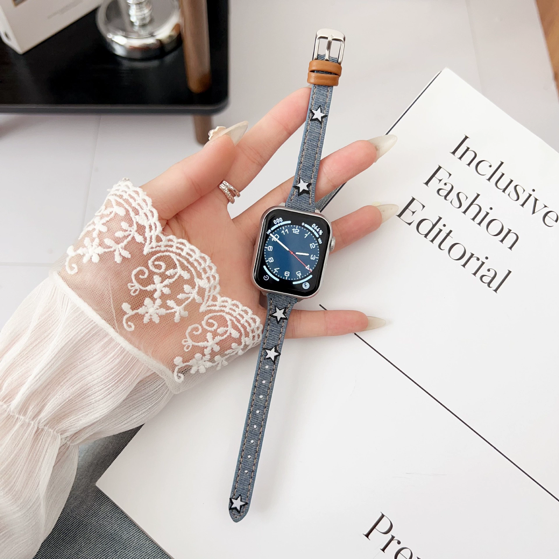 Ретро джинсовый ремешок со звездой, тонкая модель, подходит для iWatch 9, ремешок S8, Apple Watch applewatch765432se