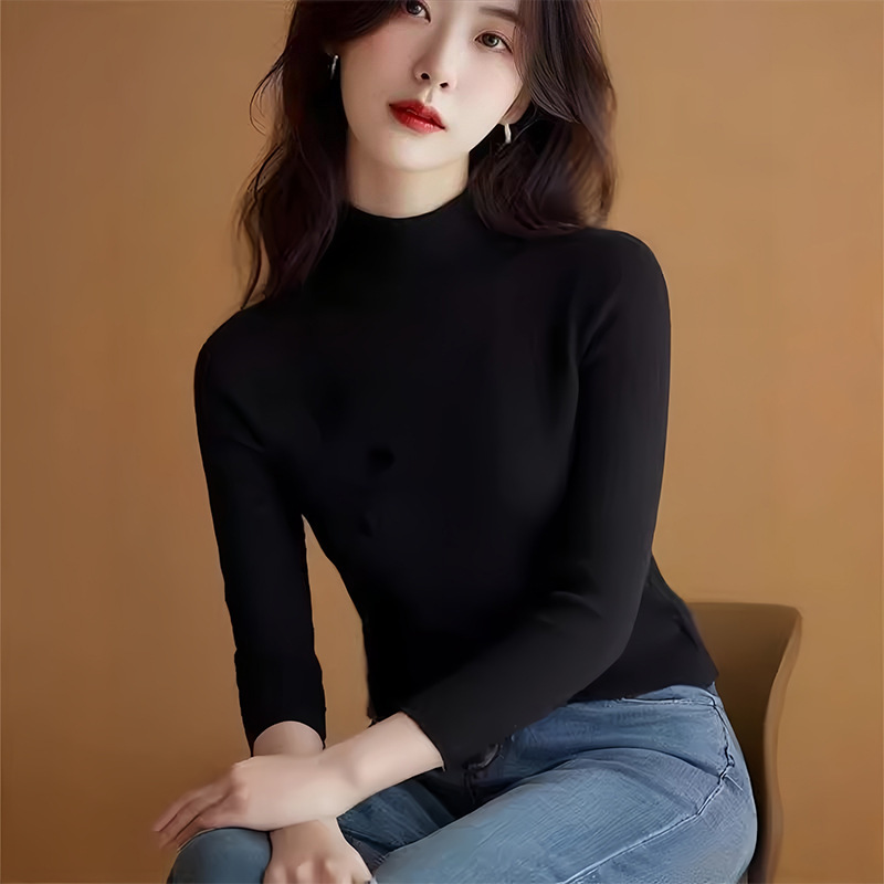 Black Half Turtleneck Slim Bottoming Right Shoulder Long-Sleeved T-Shirt 2025 Early Autum New Women's Korean Style Atmospheric Top