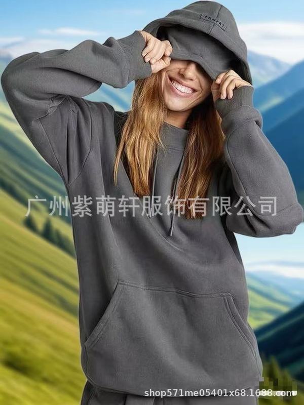 2025亚马逊欧美秋冬新款内置眼罩连帽衫纯色套头长袖卫衣套装|undefined