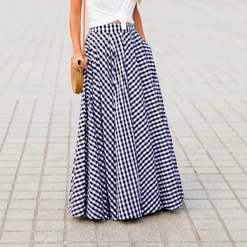 Wish 2025 Spring/Summer New Arrival Elegant All-match Chic Plaid Midi High-waisted Flared Skirt with Draping Pleated Skirt