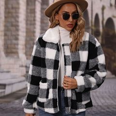フラッシュパイル国境を越えた欧米ファッション秋の女装襟長袖ジッパーゆるい格子両面ベルベットカジュアルコート