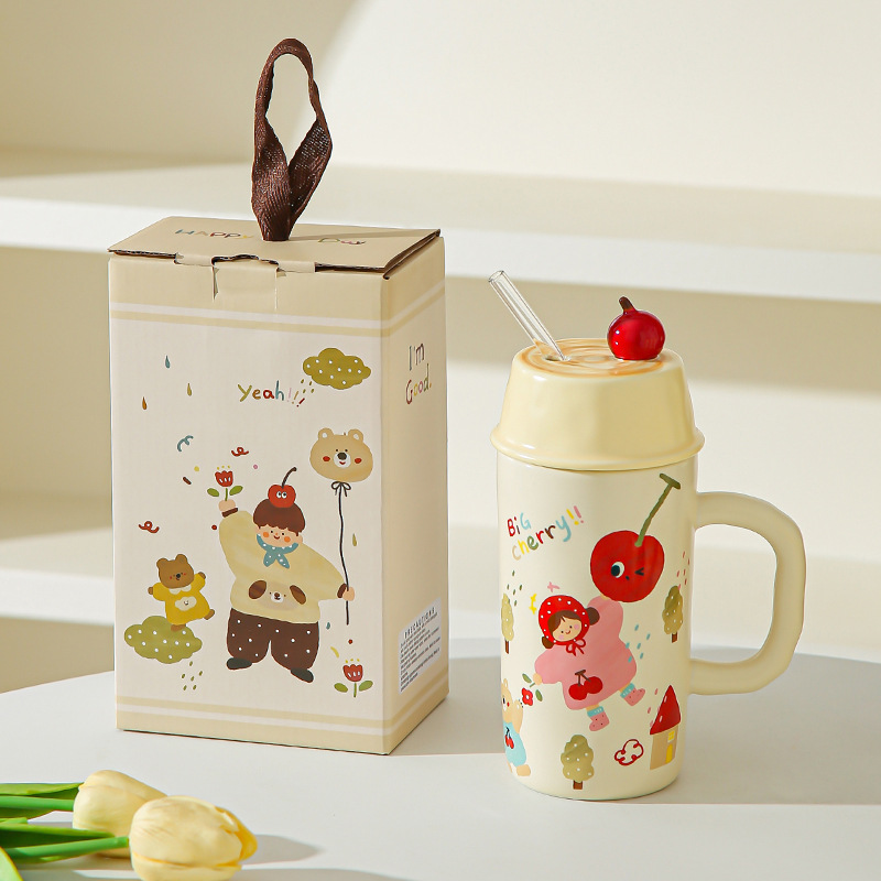 Caricatura creativa para niños y niñas tazas de cerámica con cubierta de paja para parejas tazas de agua taza de leche taza de desayuno regalo