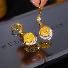 新款2025金色玫瑰花水滴耳扣时尚气质锆石超闪耳坠高级感精致耳环