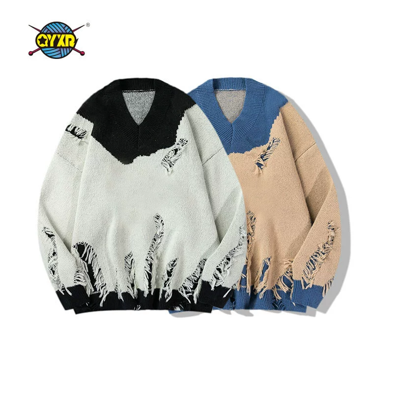 Свитер QYXR | 2022 Новые индивидуальные рваные ножницы с кисточками для мужчин и женщин с уличным прилива, свитер в стиле Харадзюку с V-образным вырезом, мужской вязаный