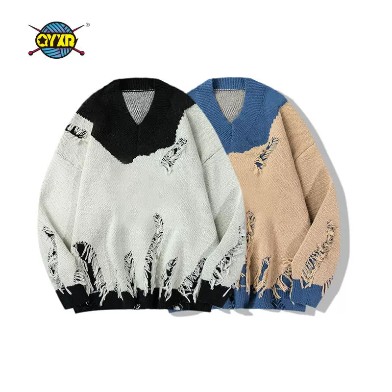QYXR毛衣|新款个性破洞流苏剪男女同款街潮原宿V领毛衣男针织套头