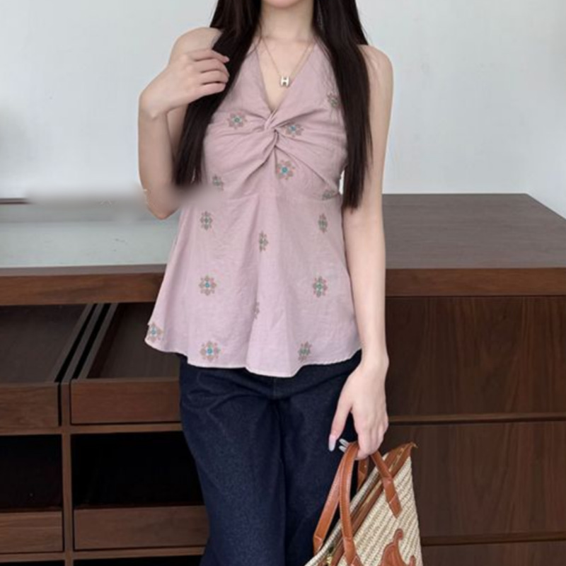 韩系新款2025背心V领扭结无袖上衣女夏外穿印花收腰显瘦挂脖小衫|undefined
