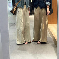 美式复古卡其色弯刀镰刀裤女春秋2025新款宽松显瘦阔腿裤拖地裤子