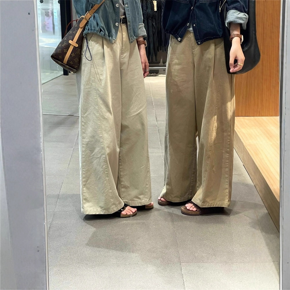 美式复古卡其色弯刀镰刀裤女春秋2025新款宽松显瘦阔腿裤拖地裤子