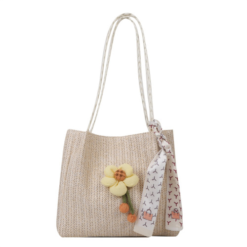 Niche woven bucket bag  new class commuting tote bag women's large capacity vacation single shoulder straw bag