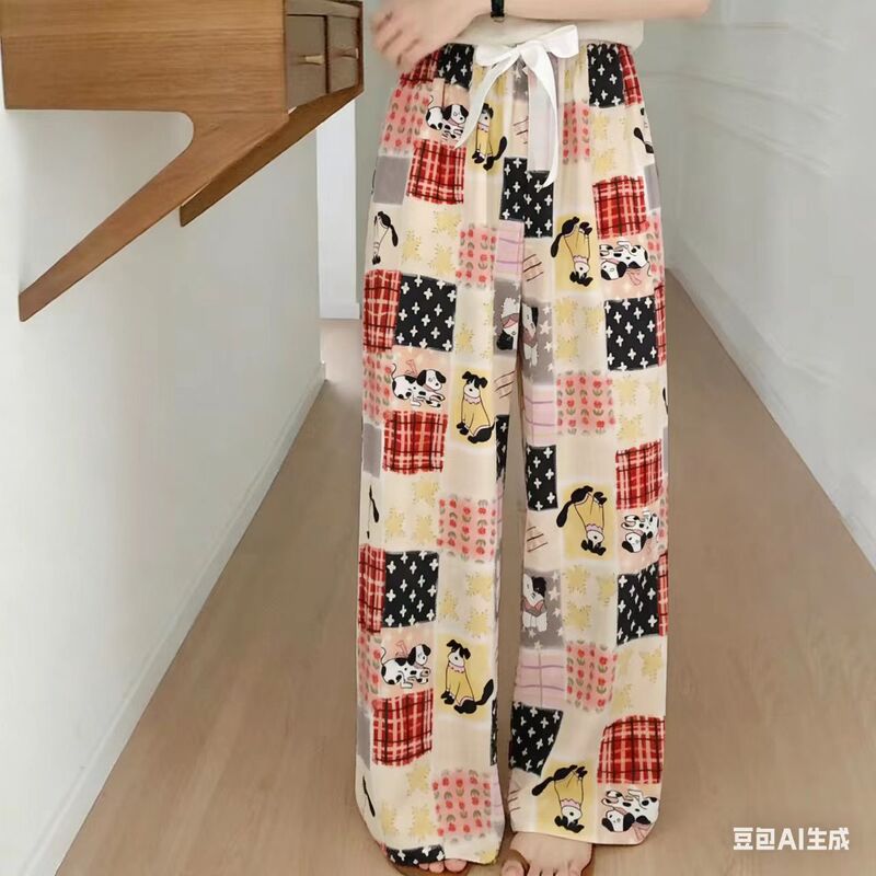 Girls' Cotton Wide-Leg Pants, Thin Loose Straight-Leg Casual Long Pants, High-Waisted Drapey Striped Floor-Length Pants
