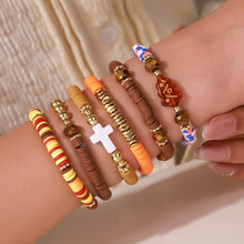 跨境外贸饰品 新品多层叠戴手链套装 复古十字架软陶串珠手饰批发