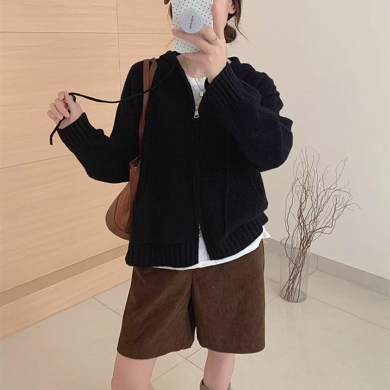 2025秋冬新款宽松显瘦纯色休闲风针织开衫抽绳连帽百搭毛衣女外套|undefined