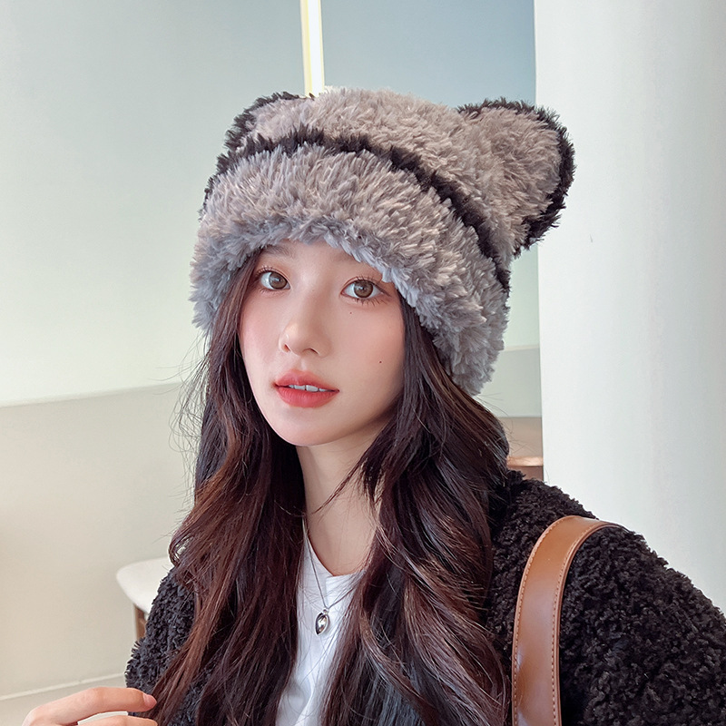 女性用冬のかわいいクマのウール帽子、韓国風の豪華で暖かい耳保護プルオーバー帽子、小顔効果のあるベルベット付きニット帽|undefined