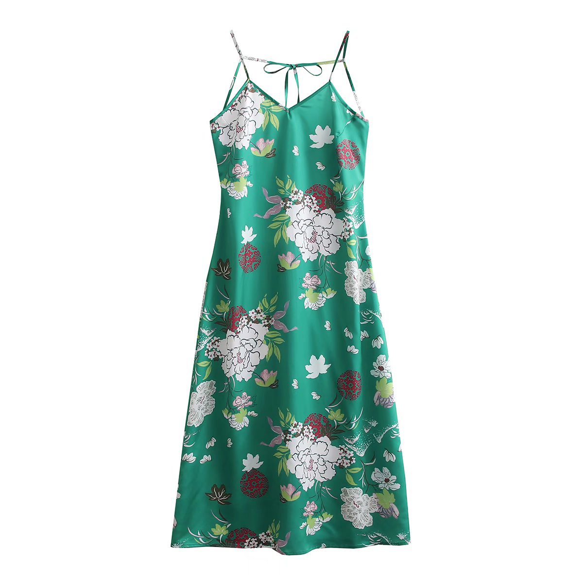 suspender backless lace-up slim long flower print dress NSAM126761